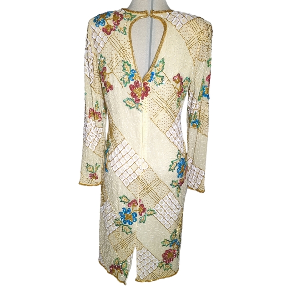 Gorgeous 100% SilkBeige embroidered midi long sleeve beaded sequins dress Size M - Picture 9 of 13